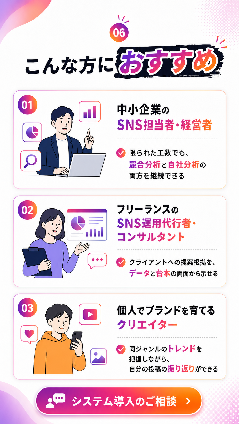 中小企業のSNS担当者、SNS運用代行者、個人クリエイターなど、Instagram競合分析ツールがおすすめの方。